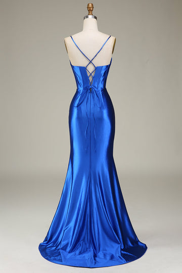 Royal Blue Spaghetti Straps Mermaid Long Ball Dress With Slit